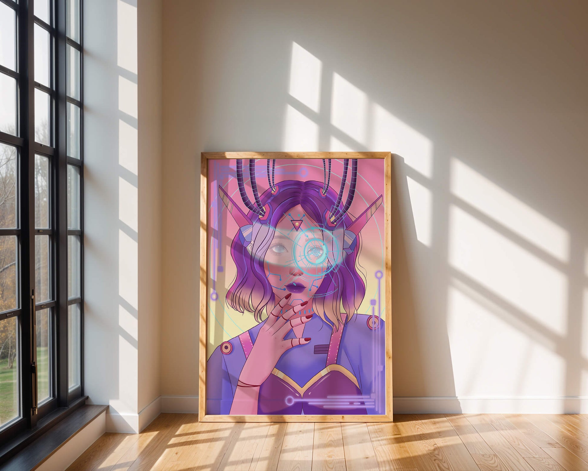 Futuristic digital art featuring a cybernetic woman with a holographic interface