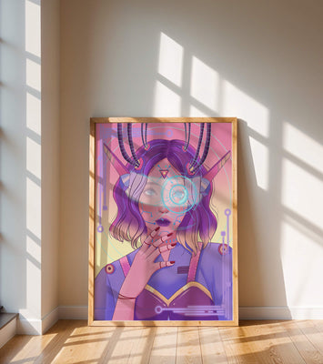 Futuristic digital art featuring a cybernetic woman with a holographic interface