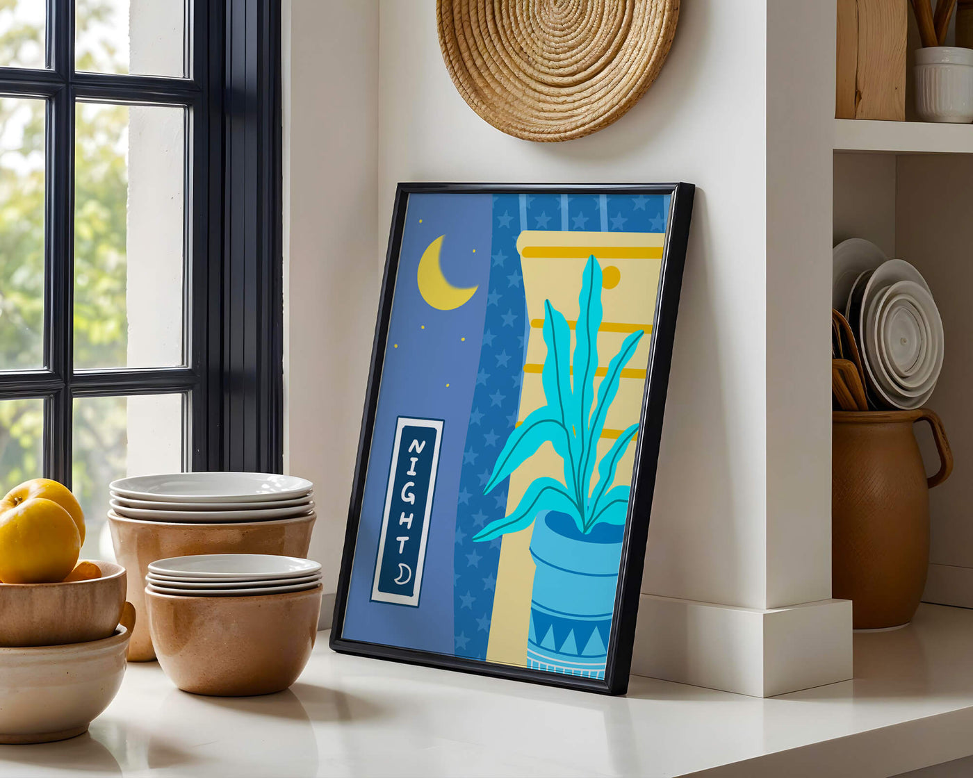 Nighttime plant illustration with crescent moon and starry background