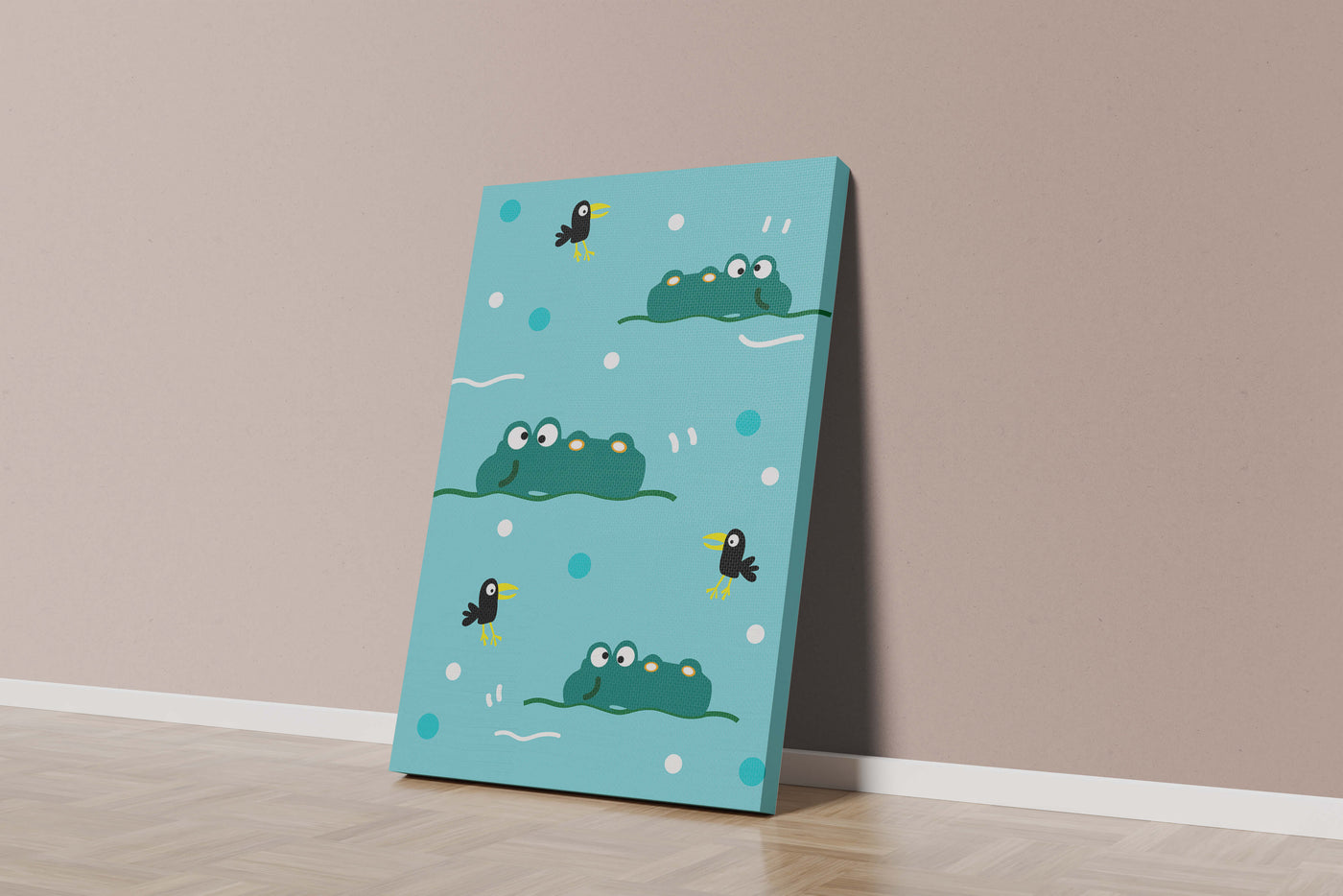 Playful cartoon crocodiles and birds on blue patterned background
