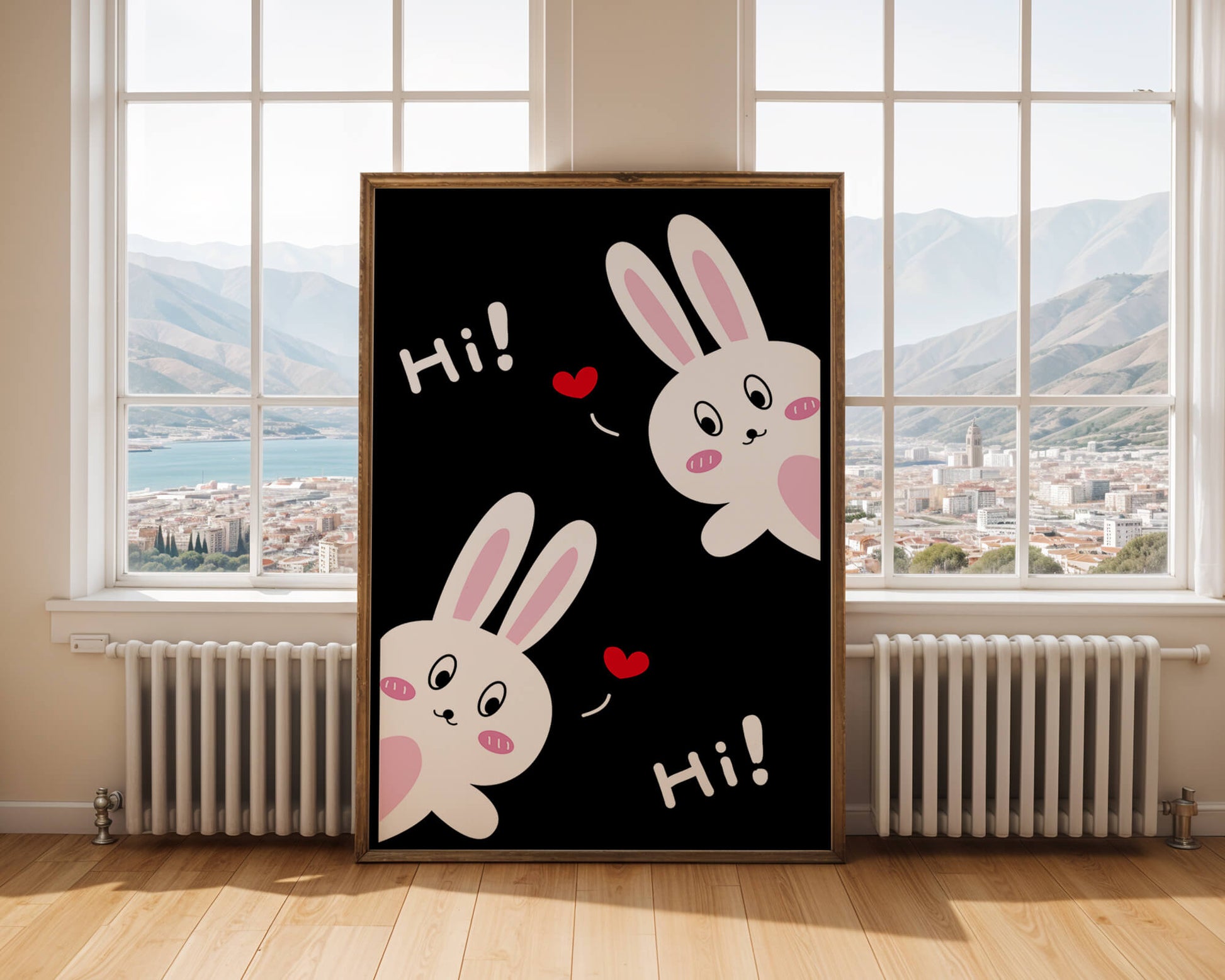 Charming bunny illustration with hearts on black background