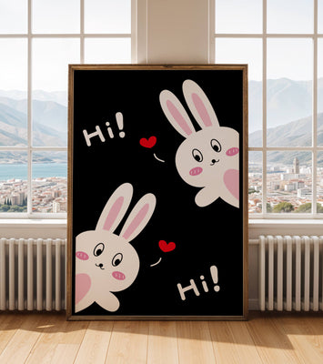 Charming bunny illustration with hearts on black background