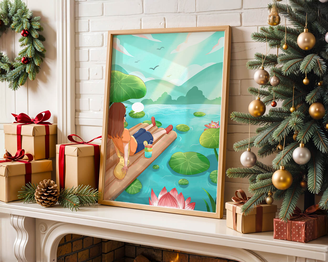 Peaceful lake scene with raft and relaxing atmosphere