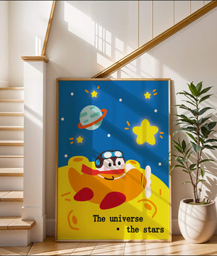 Colorful cartoon airplane with stars and planets in space