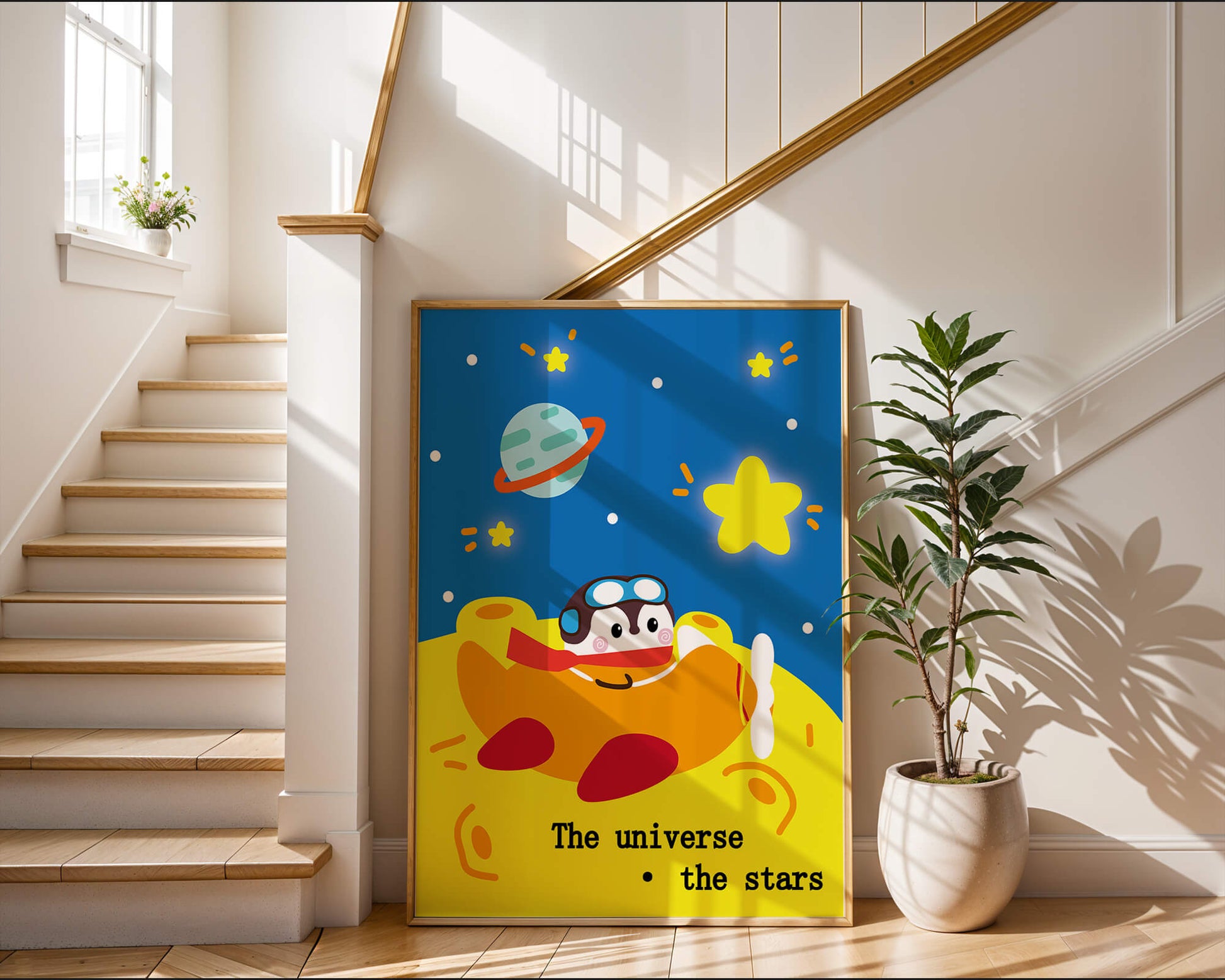 Colorful cartoon airplane with stars and planets in space