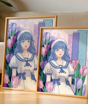 Illustration d'une fille en robe de marin parmi des tulipes avec une palette de couleurs pastel