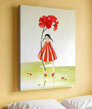 Young girl holding large red flower standing in puddle illustration
