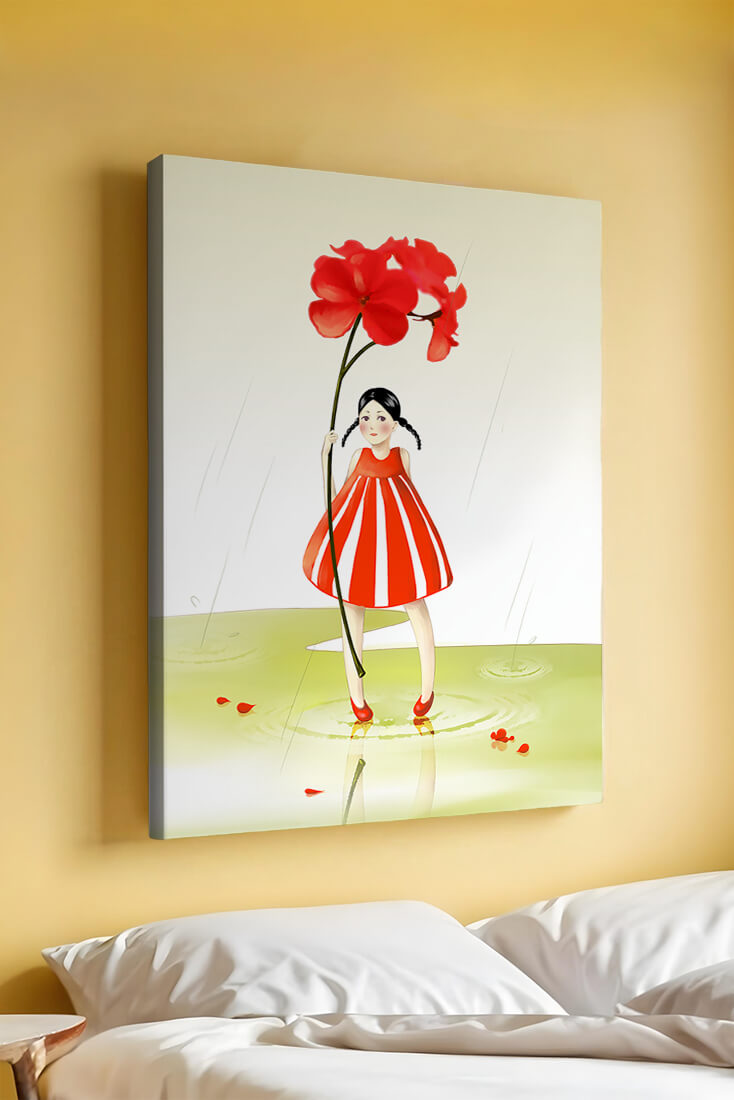 Young girl holding large red flower standing in puddle illustration