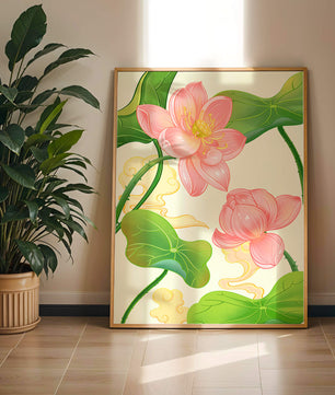 Illustration of pink lotus flowers with green leaves on a pastel background