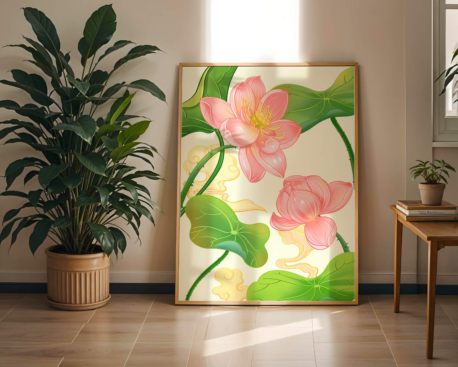 Illustration of pink lotus flowers with green leaves on a pastel background