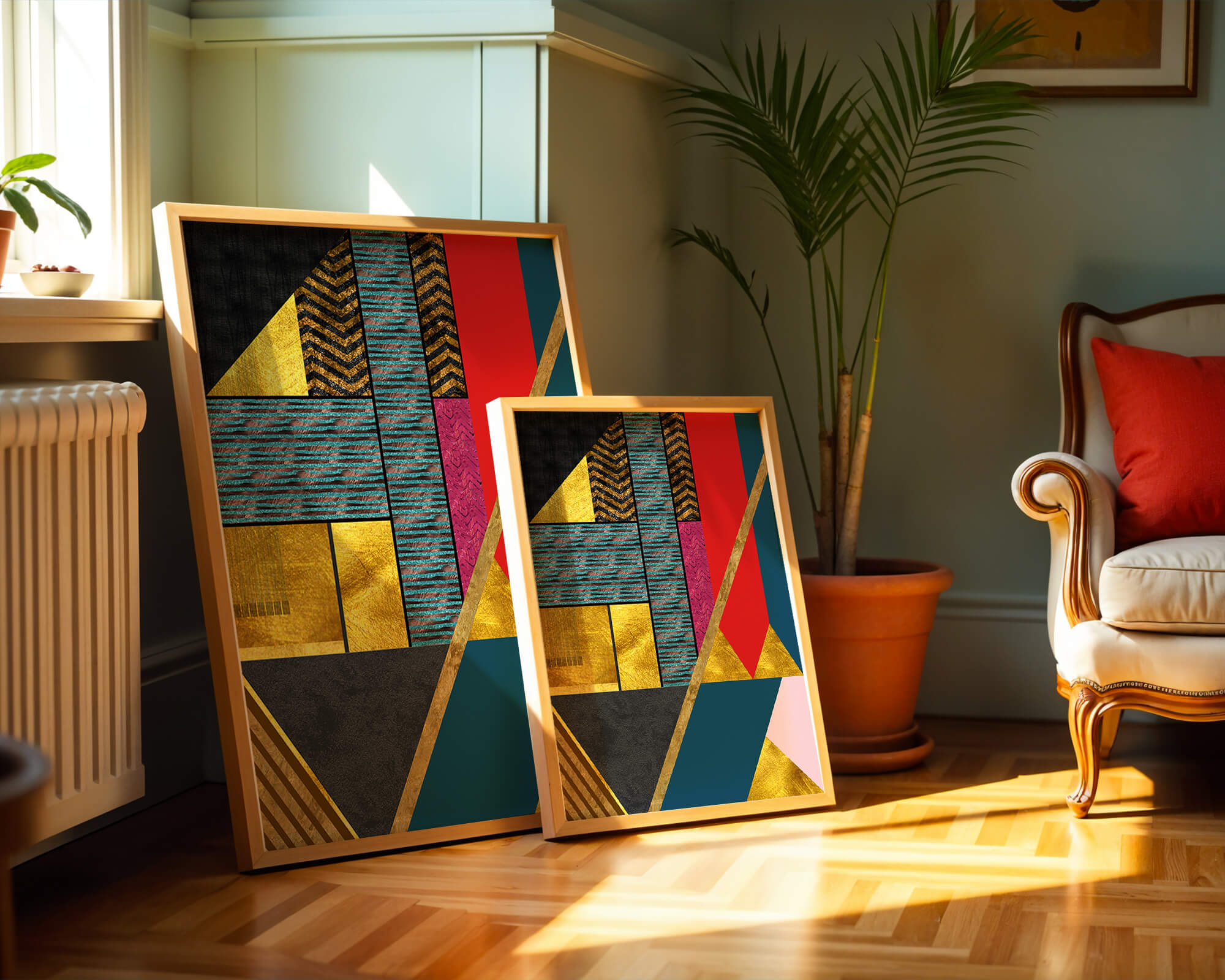 Geometric abstract art with bold colors and golden accents