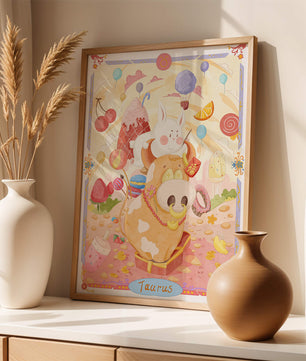 A whimsical Taurus zodiac illustration with playful animals and sweet treats