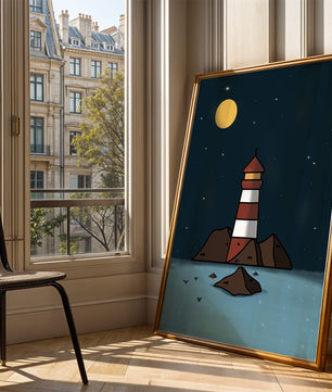 Escena nocturna tranquila con faro y estrellas que reflejan serenidad