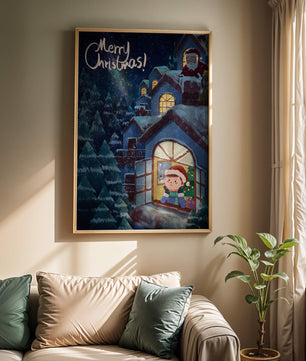 Festive Christmas scene with Santa and a cozy home
