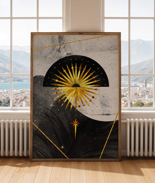 Abstract cosmic design featuring golden sunburst and celestial elements