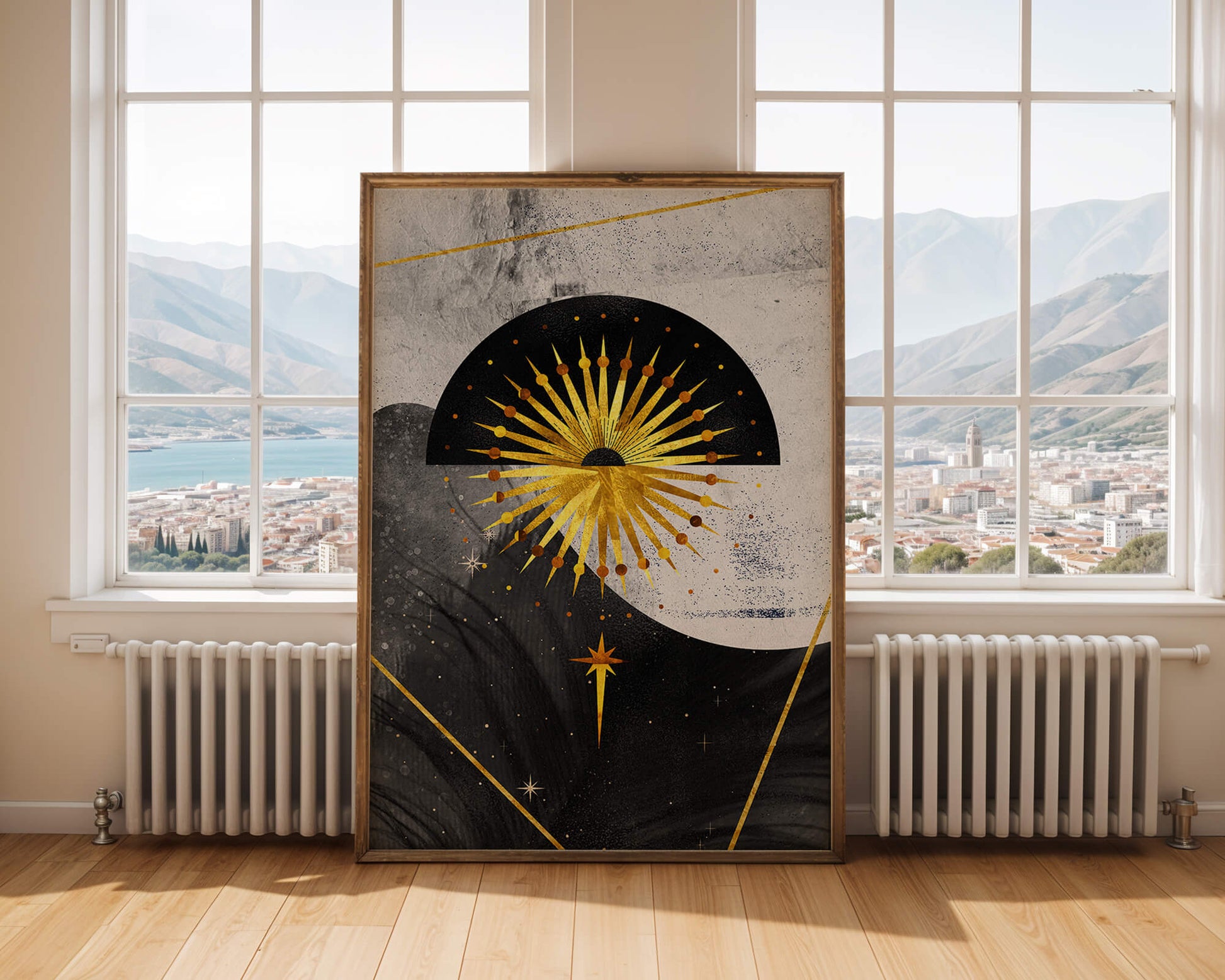 Abstract cosmic design featuring golden sunburst and celestial elements