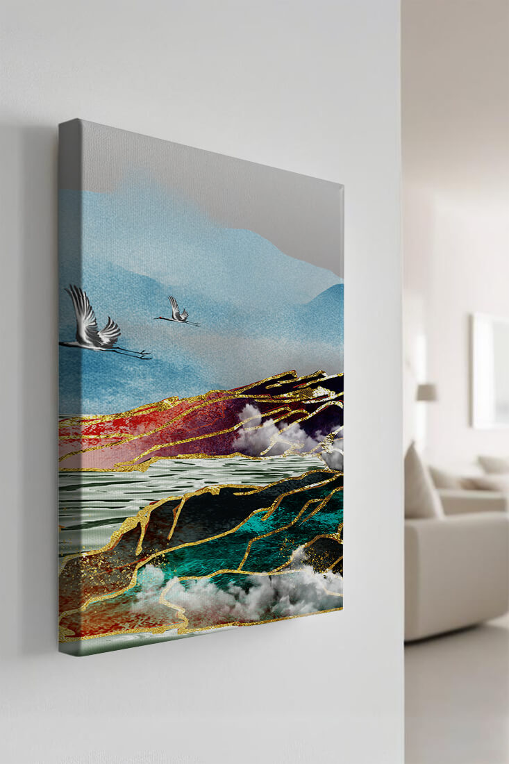Majestic Landscape With Flying Cranes And Golden Accents