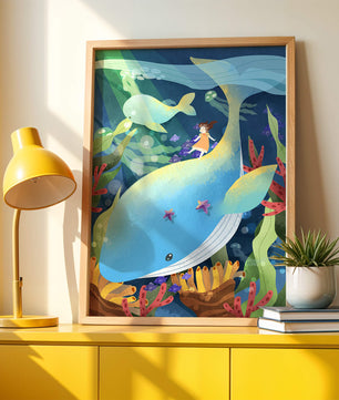 Fantasievolle Unterwasserszene mit einem Mädchen auf einem Wal und farbenfrohem Meeresleben