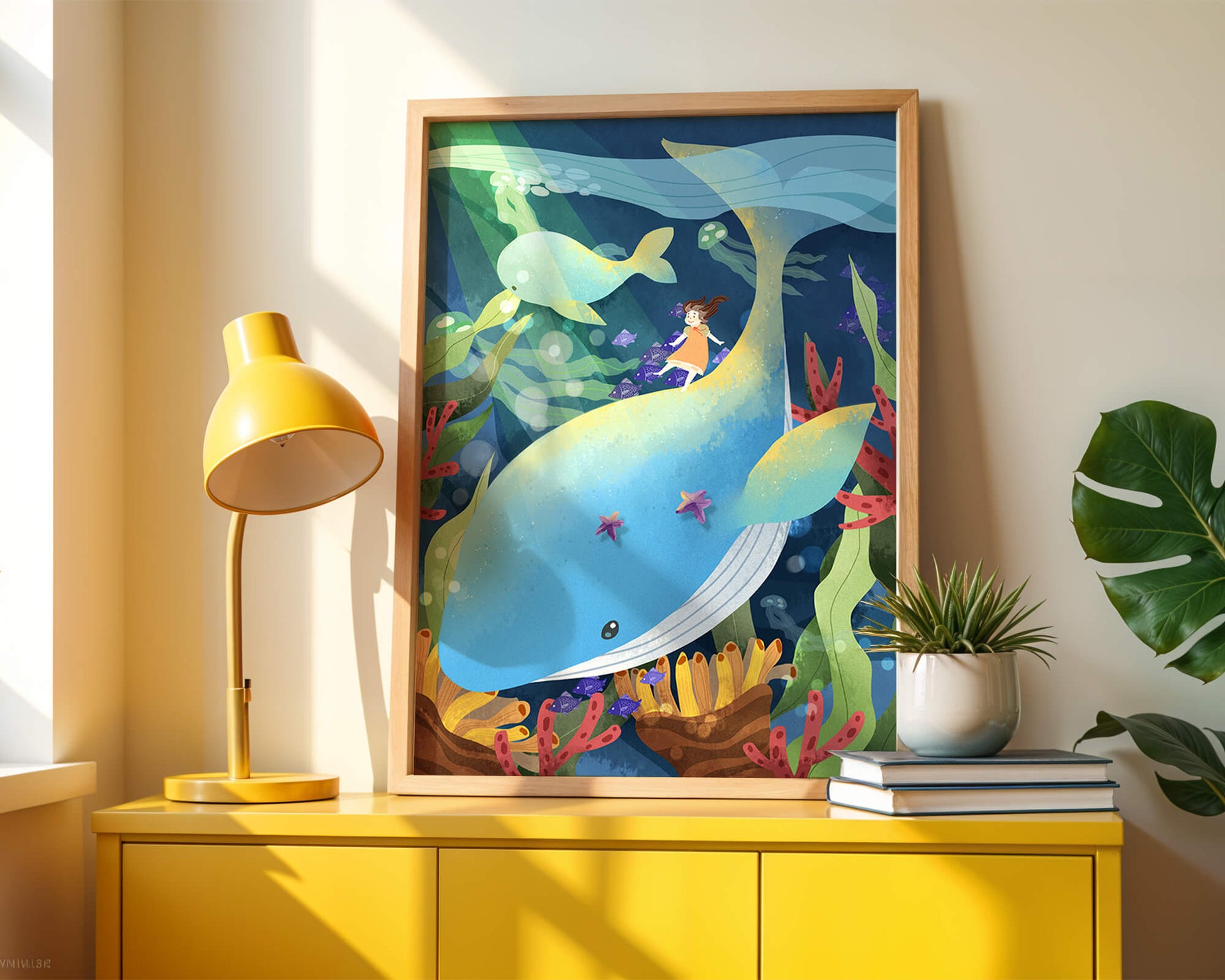 Fantasievolle Unterwasserszene mit einem Mädchen auf einem Wal und farbenfrohem Meeresleben