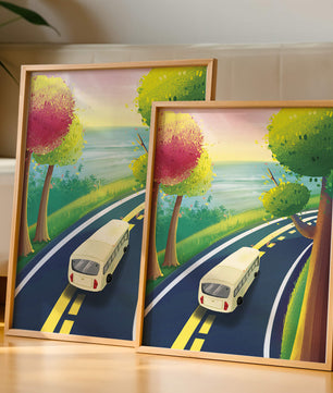 Scenic Road Trip with Vibrant Trees and Sunset