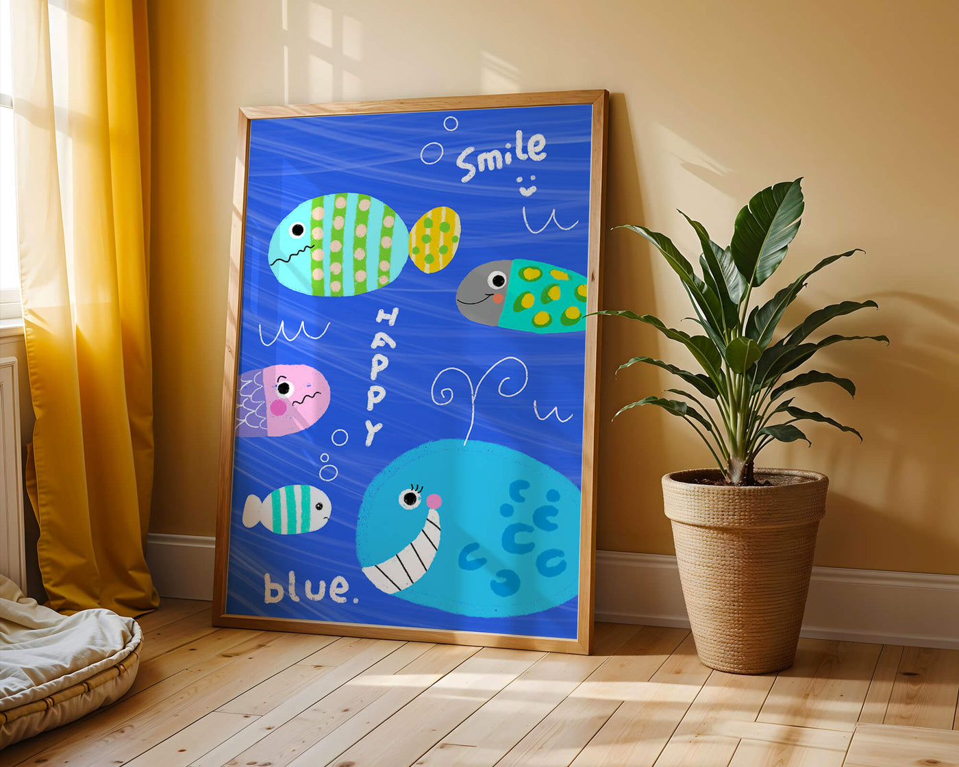 Colorful underwater scene with smiling cartoon fish