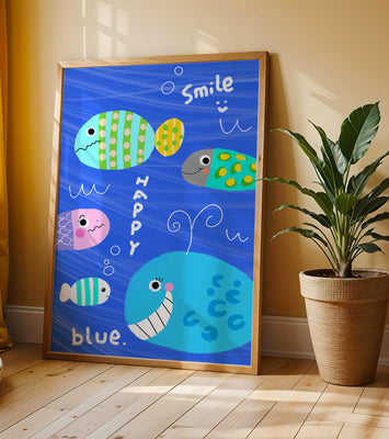 Colorful underwater scene with smiling cartoon fish
