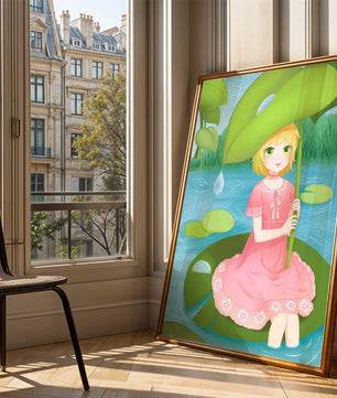 Whimsical Illustration of a Young Girl in a Pink Dress Sitting on a Lily Pad