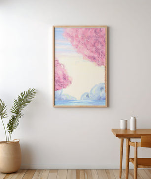 Serene Landscape with Cherry Blossom Trees and Tranquil Sky