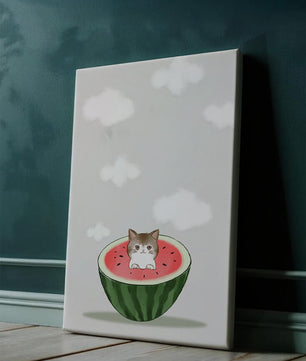 Whimsical art of a kitten in watermelon with clouds