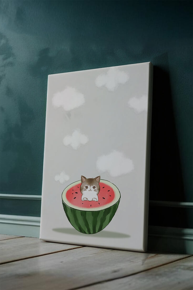 Whimsical art of a kitten in watermelon with clouds