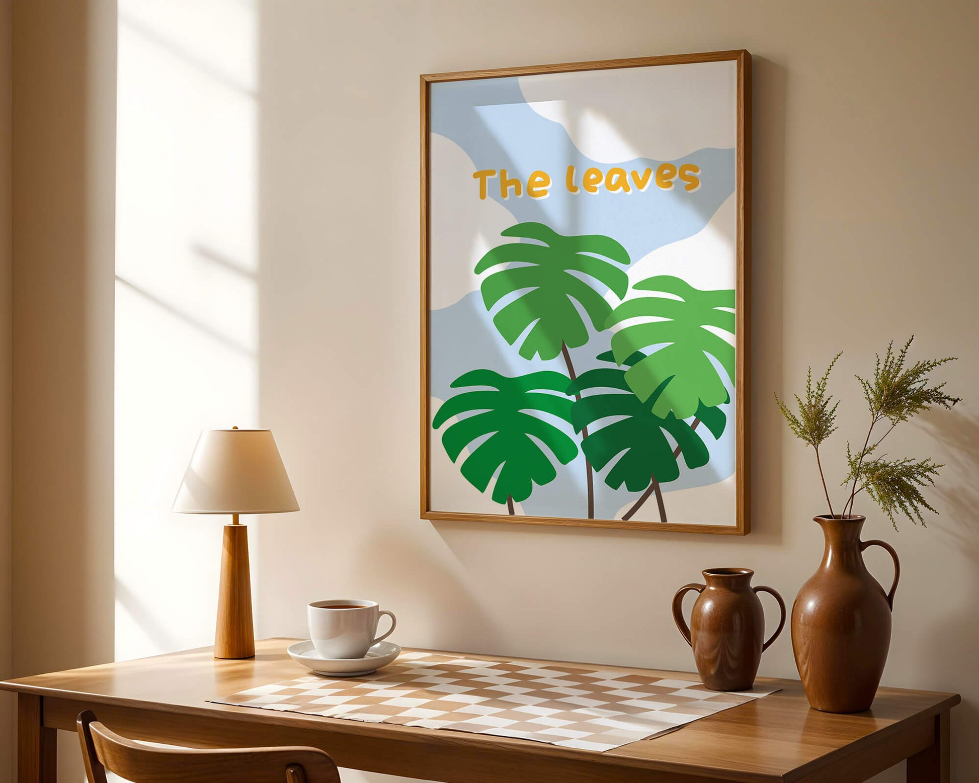 Illustrative tropical leaves with blue sky background for home decor