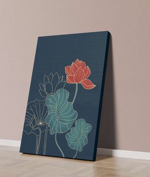 Elegant Floral Illustration with Vibrant Lotus and Gold Outlines on Dark Background