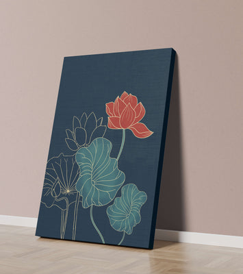 Elegant Floral Illustration with Vibrant Lotus and Gold Outlines on Dark Background