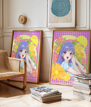 Anime-Mädchen mit leuchtenden Blumen und lila Haaren auf buntem Hintergrund