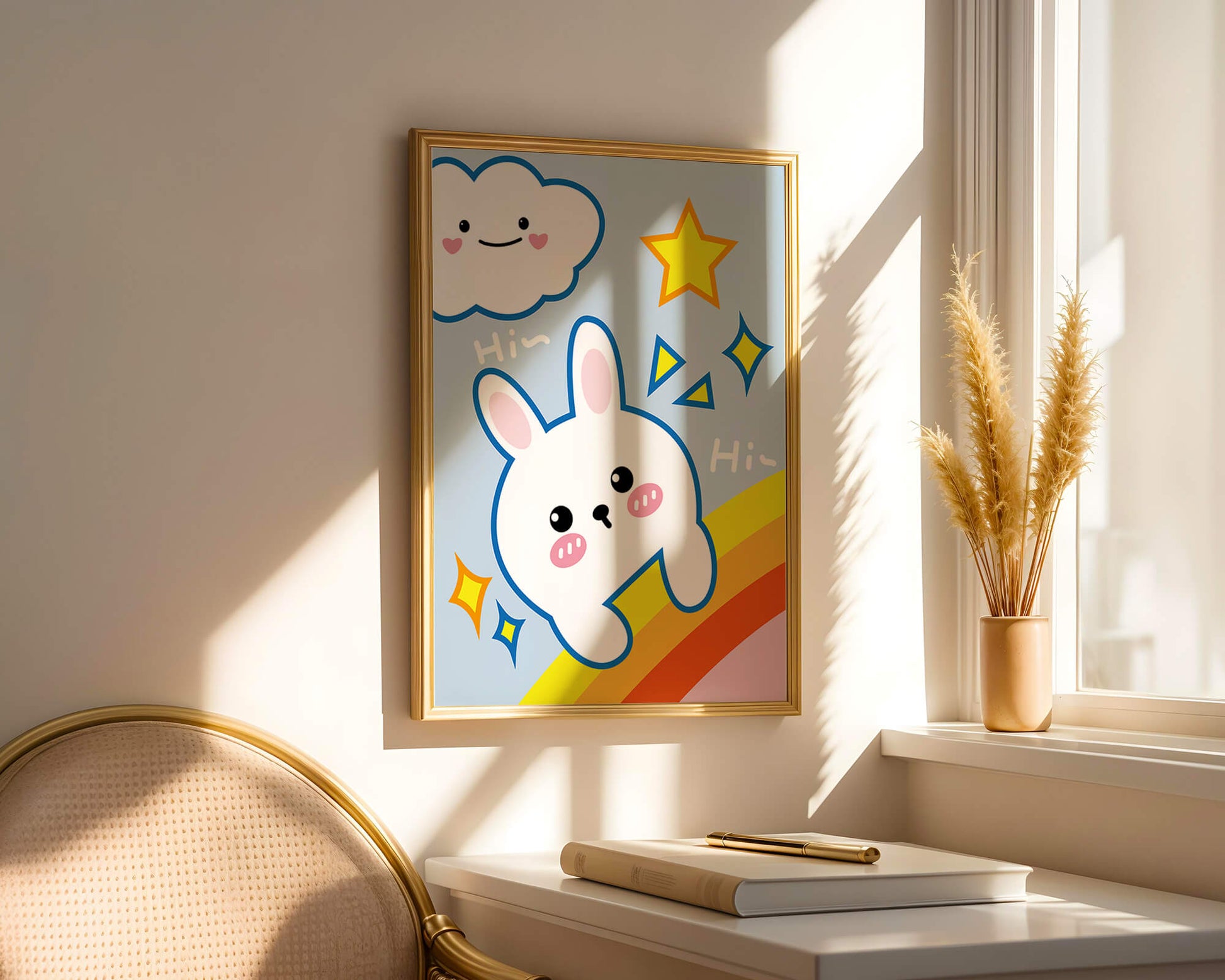 Whimsical cartoon bunny with cloud and rainbow theme