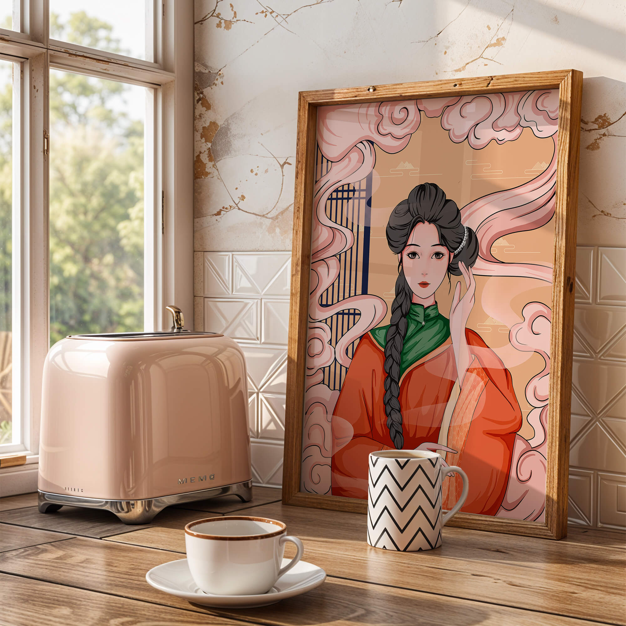 Elegant depiction of a woman in traditional attire with swirling clouds