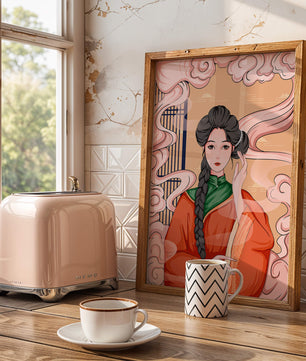 Elegante representación de una mujer con atuendo tradicional y nubes giratorias