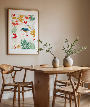 Oiseaux et feuillages colorés dans un décor botanique tropical