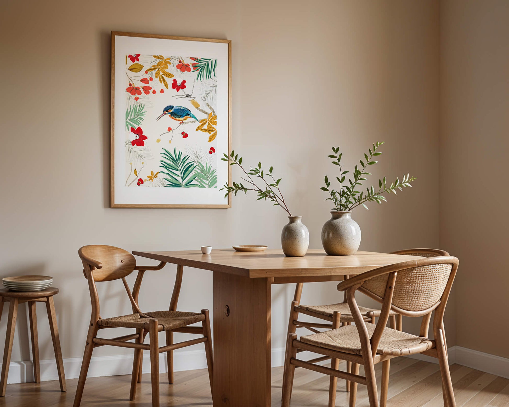Oiseaux et feuillages colorés dans un décor botanique tropical