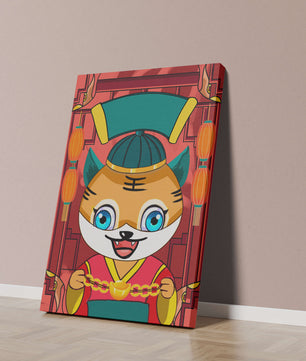 Tigre de dibujos animados colorido con linternas y elementos tradicionales