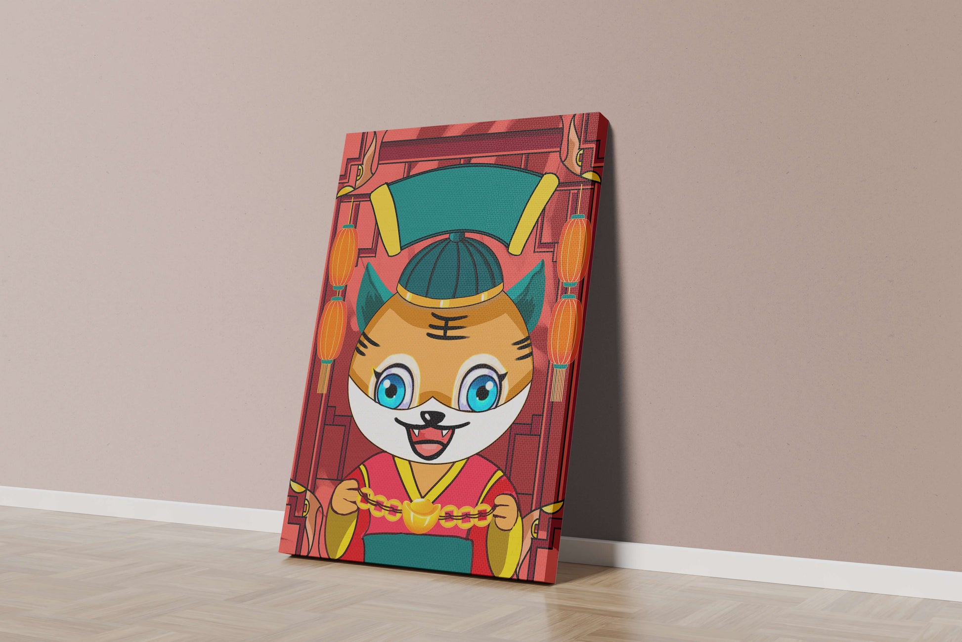 Colorful cartoon tiger with lanterns and traditional elements