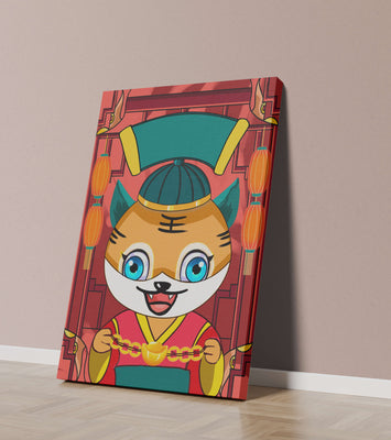 Colorful cartoon tiger with lanterns and traditional elements
