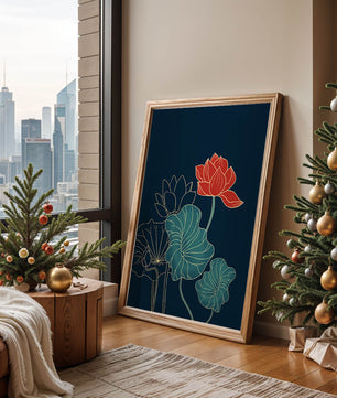 Elegant Floral Illustration with Vibrant Lotus and Gold Outlines on Dark Background