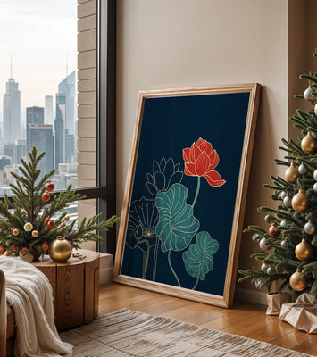 Elegant Floral Illustration with Vibrant Lotus and Gold Outlines on Dark Background