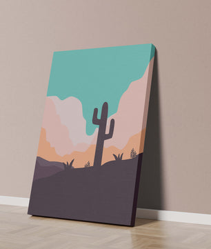 Abstract desert landscape with cactus silhouette at sunset