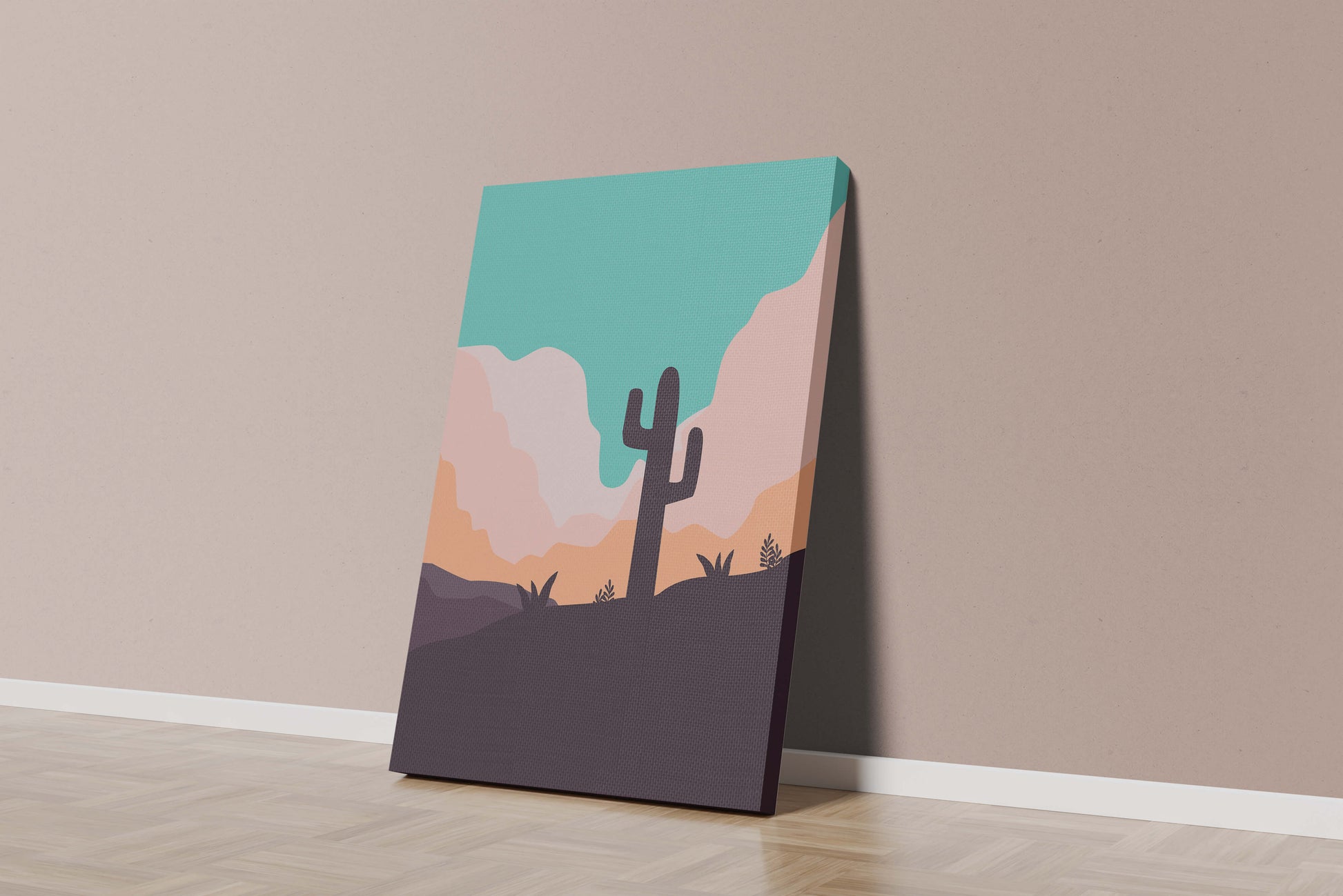 Abstract desert landscape with cactus silhouette at sunset