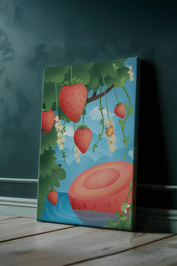 Illustrated strawberries in a whimsical garden setting