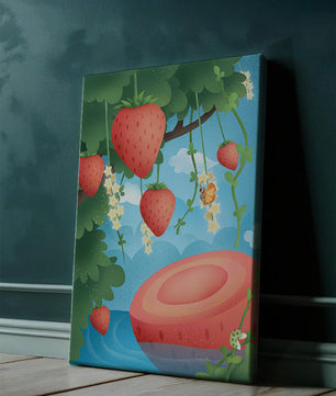 Illustrated strawberries in a whimsical garden setting