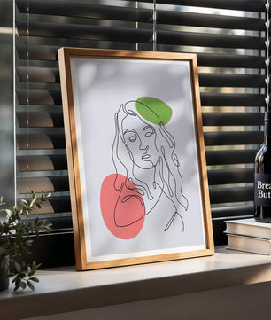 Line Art Portrait auf grauem Hintergrund mit Farbakzenten 