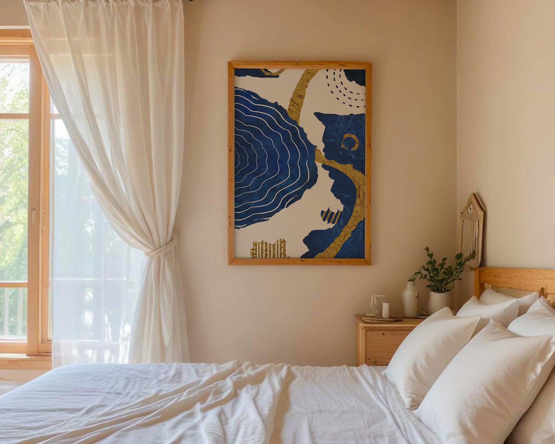 Diseño abstracto ondulado azul y dorado con patrones geométricos